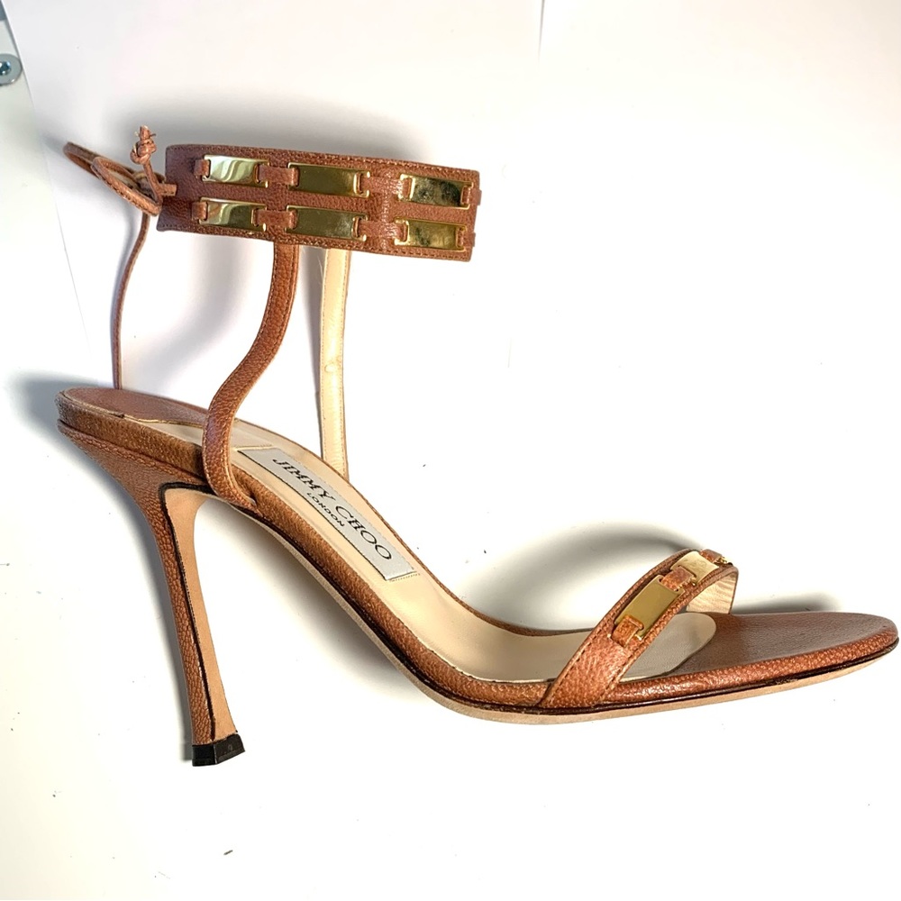 Jimmy Choo Brown Leather Gold Strappy Ankle Tie Sandal Heel Size 38 1/2 - Picture 8 of 9